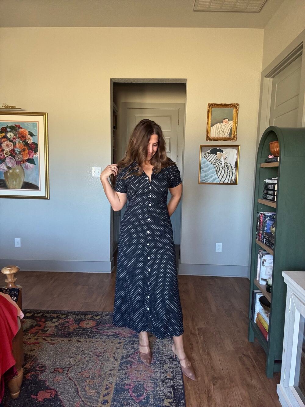 American Eagle Navy Polka Dot Button Front Midi Dress S